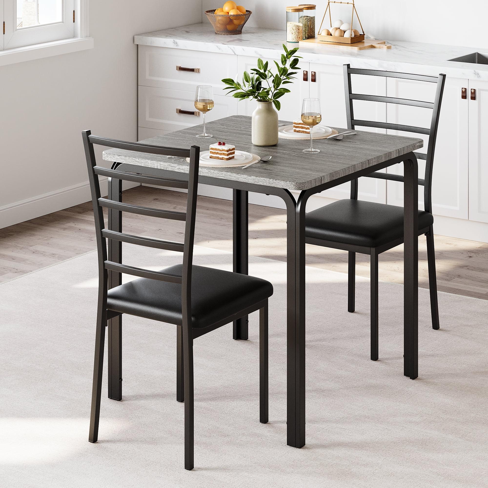 Yartaka Small Dining Table Set for 2, 3 Piece Kitchen Bar Dinette Square, with PU Padded Chairs, Gray