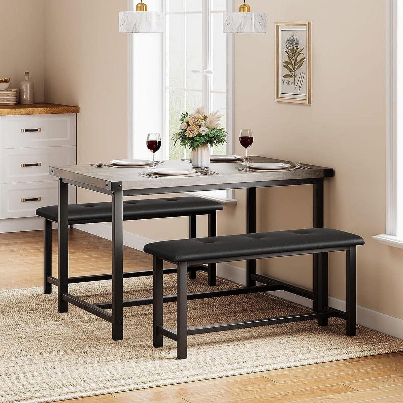 Gray Metal and MDF 3-Piece Dining Table Set with Upholstered Benches