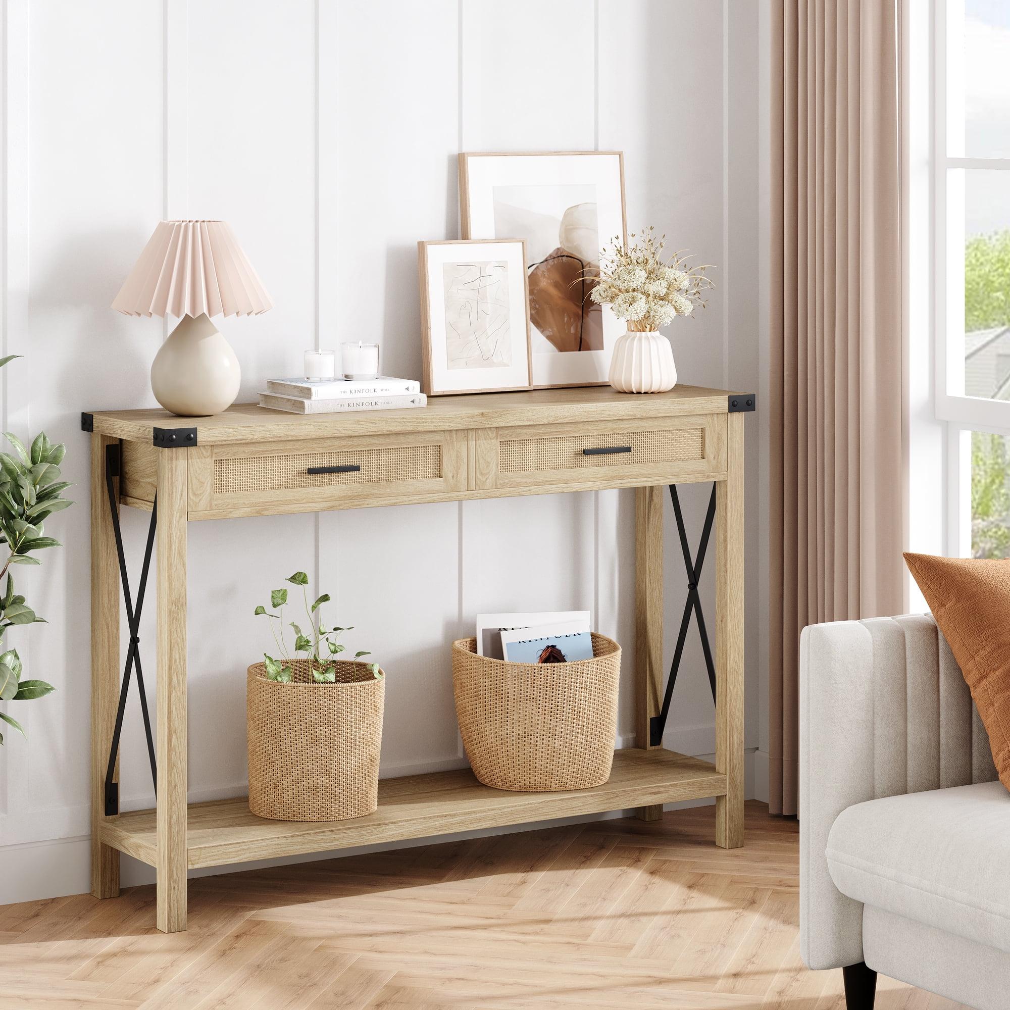 Farmhouse Sofa Table - Console Table with Rattan Drawers