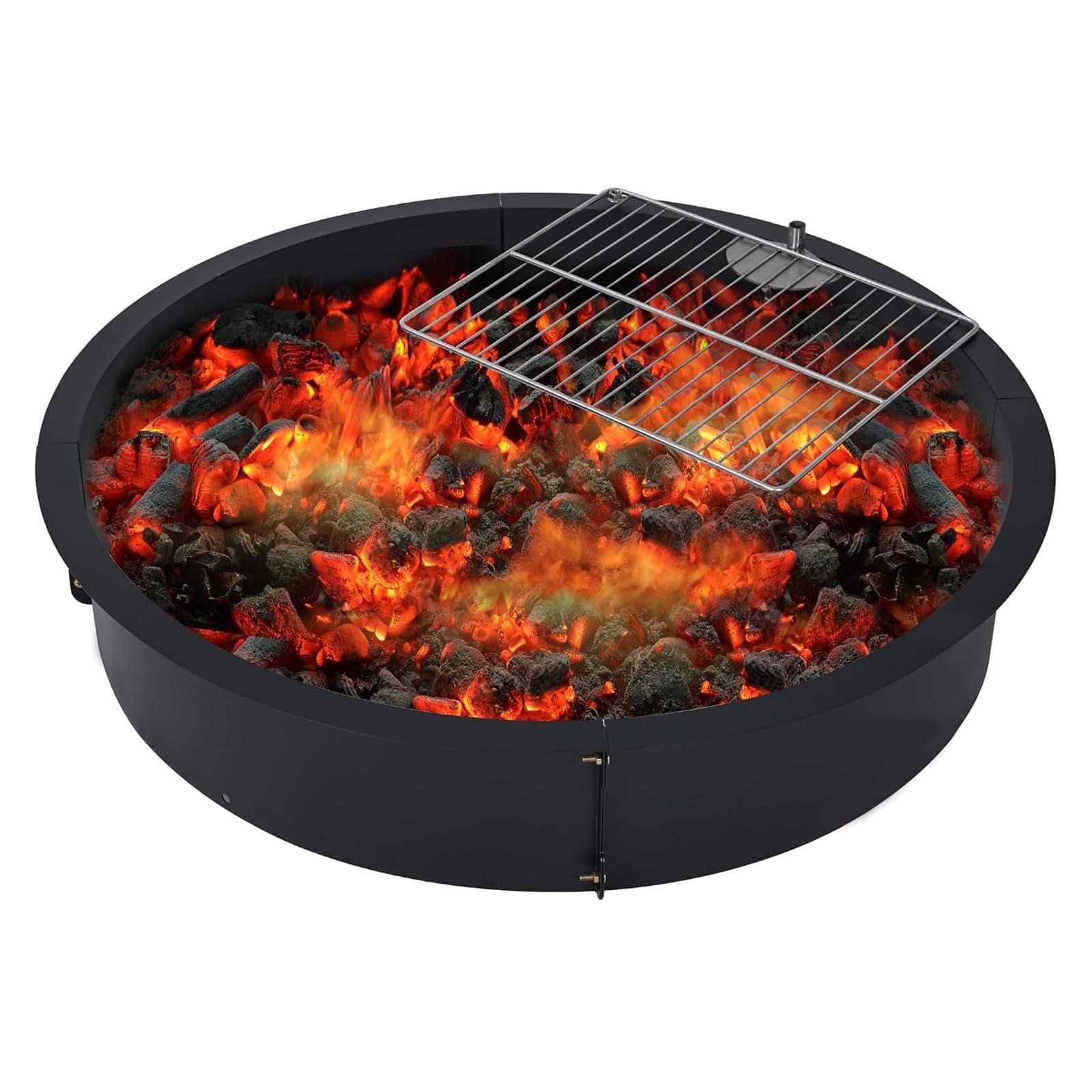 36 inch Outdoor Fire Pit Liner Round Solid Steel Fire Ring with Cooking Grate