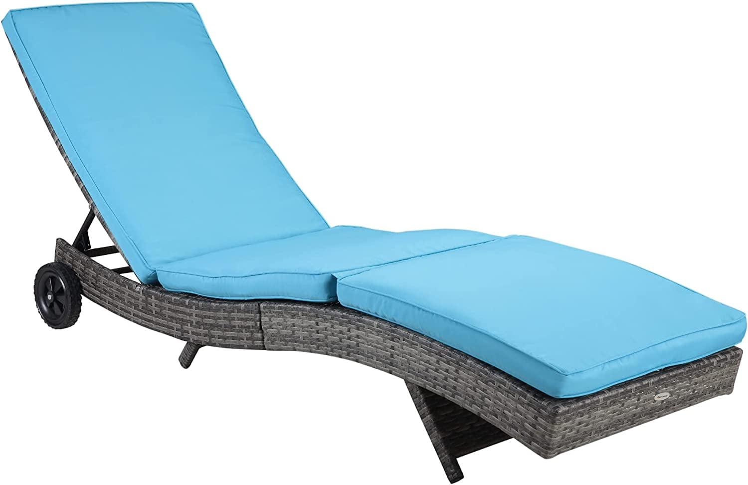 Outsunny Patio Wicker Cushioned Chaise Lounge Chair, Outdoor PE Rattan Sun lounger w/ 5-Level Adjustable Backrest & 2 Wheels for Easy Movement