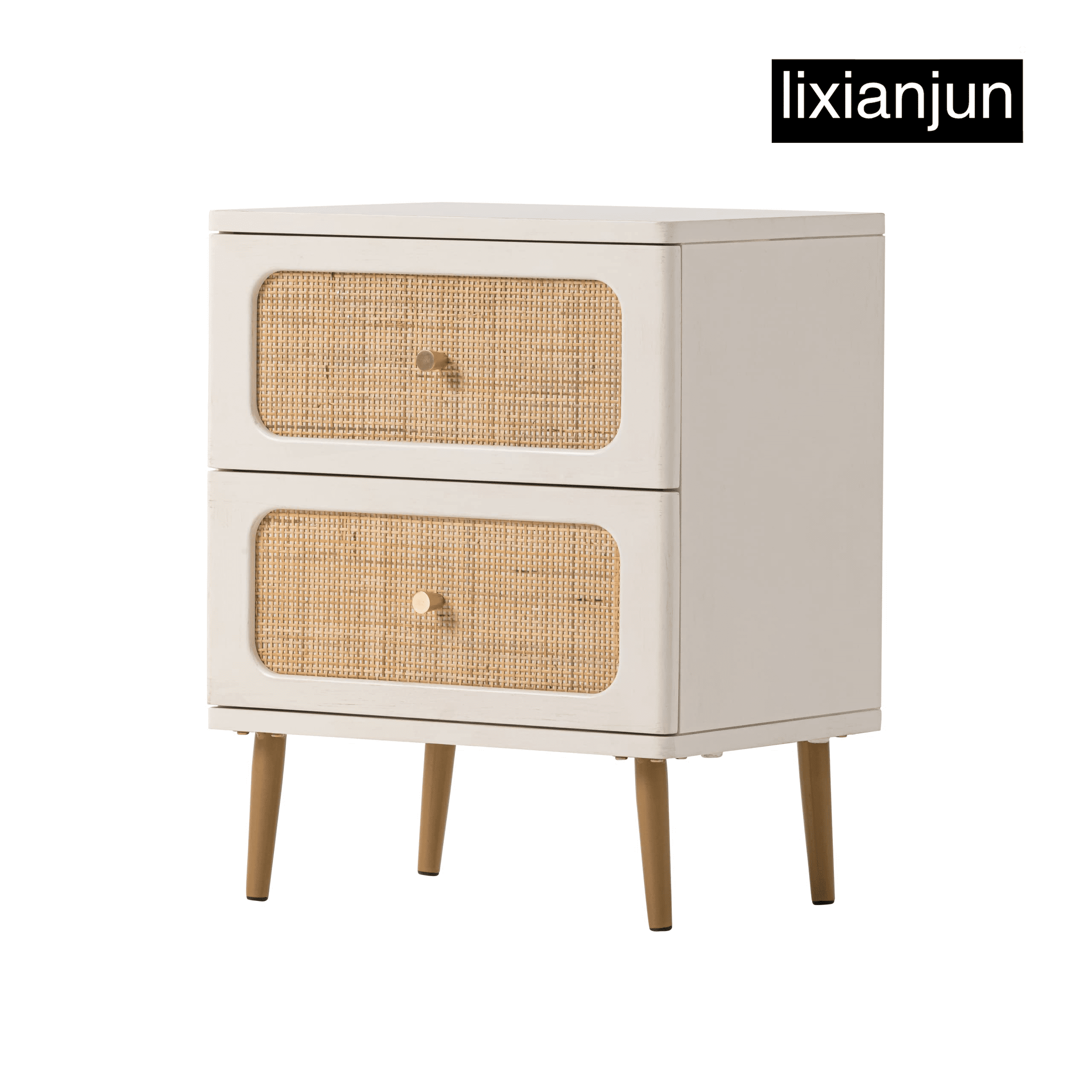 White and Rattan 2-Drawer Nightstand with Brass Hardware