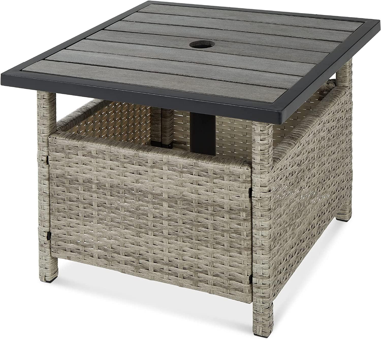 Elegant Grey Rattan Wicker Outdoor Side Table with Umbrella Hole