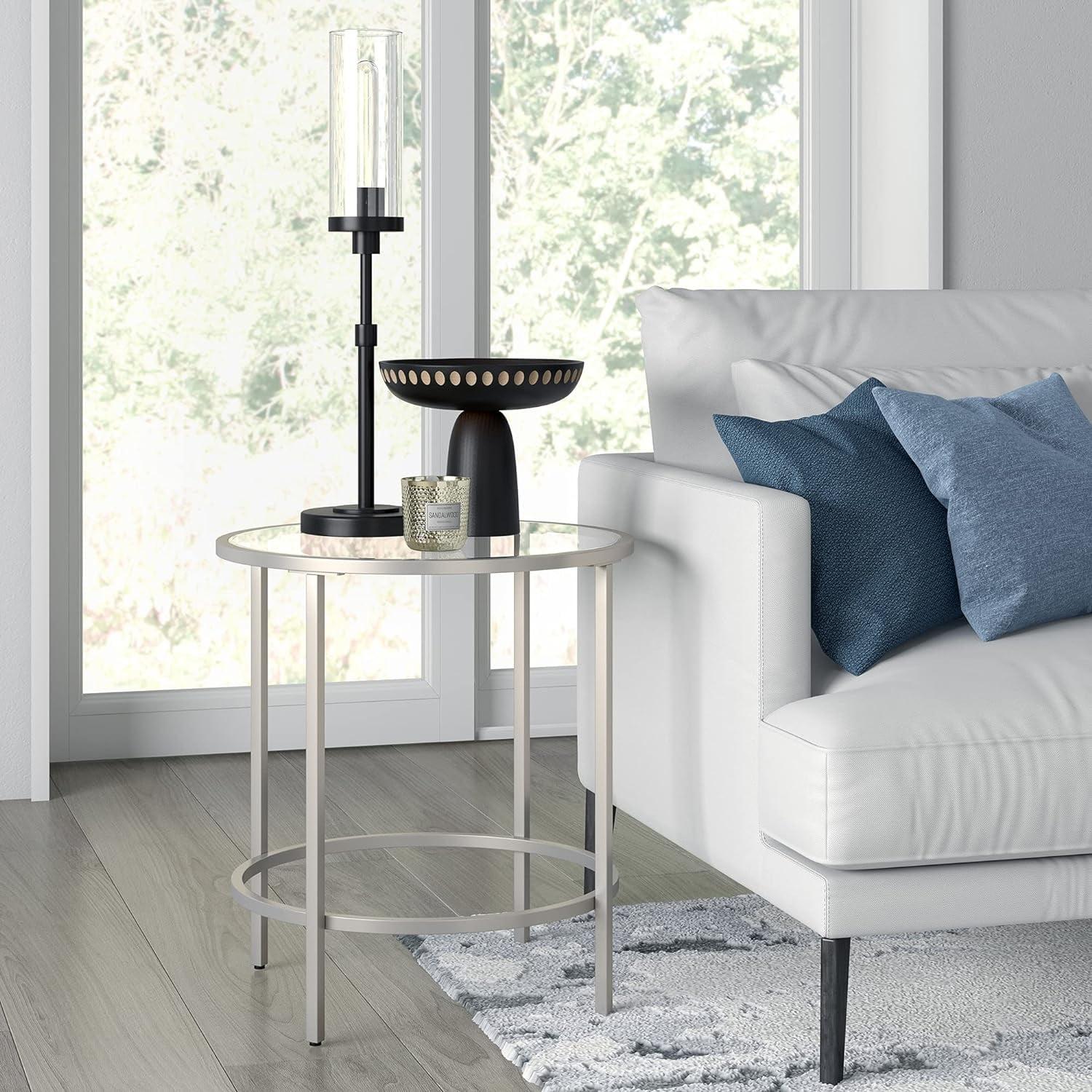 Sivil 20" Satin Nickel Round Metal & Glass Side Table