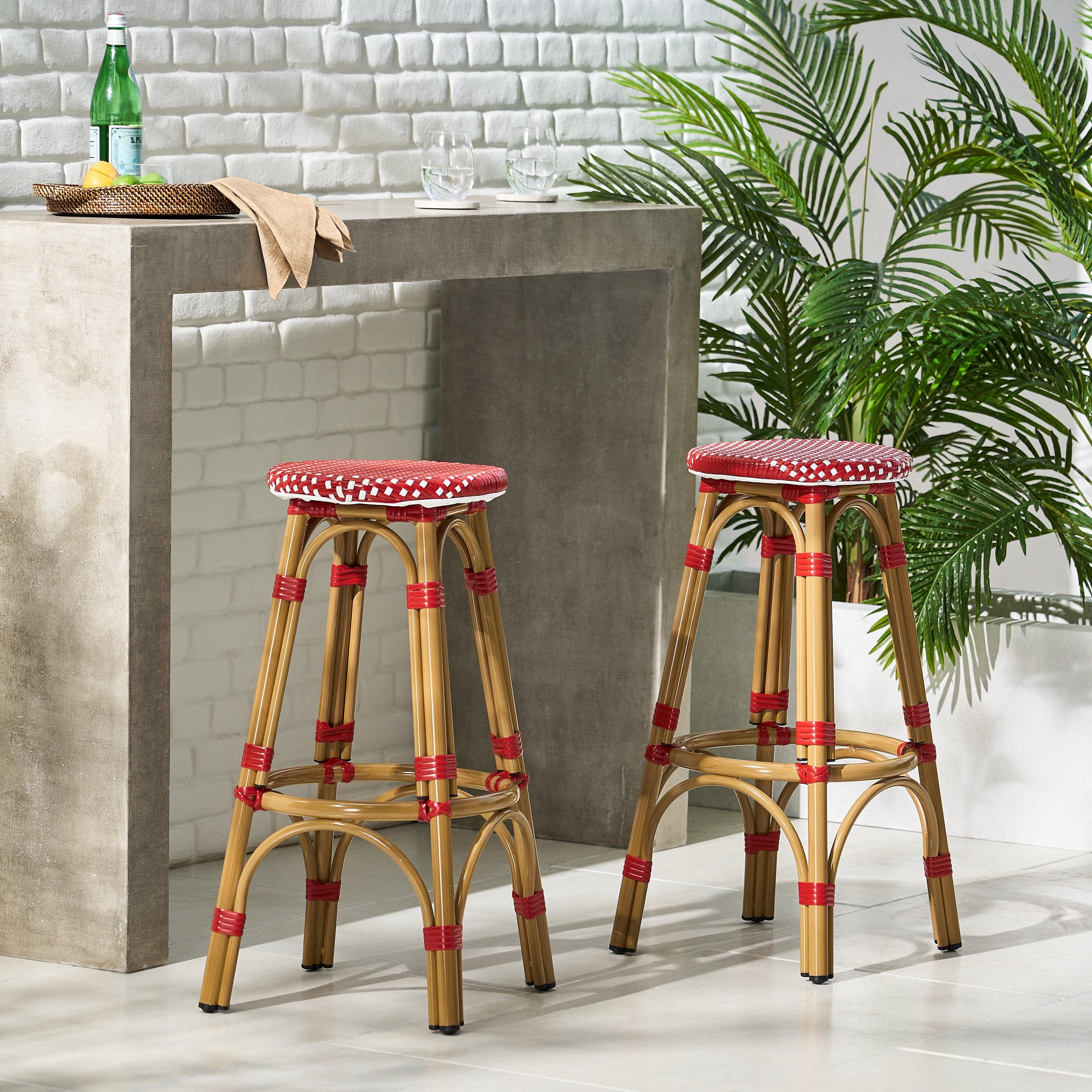 Starla French-Inspired Red and White Bamboo-Finish 29.5" Outdoor Barstools