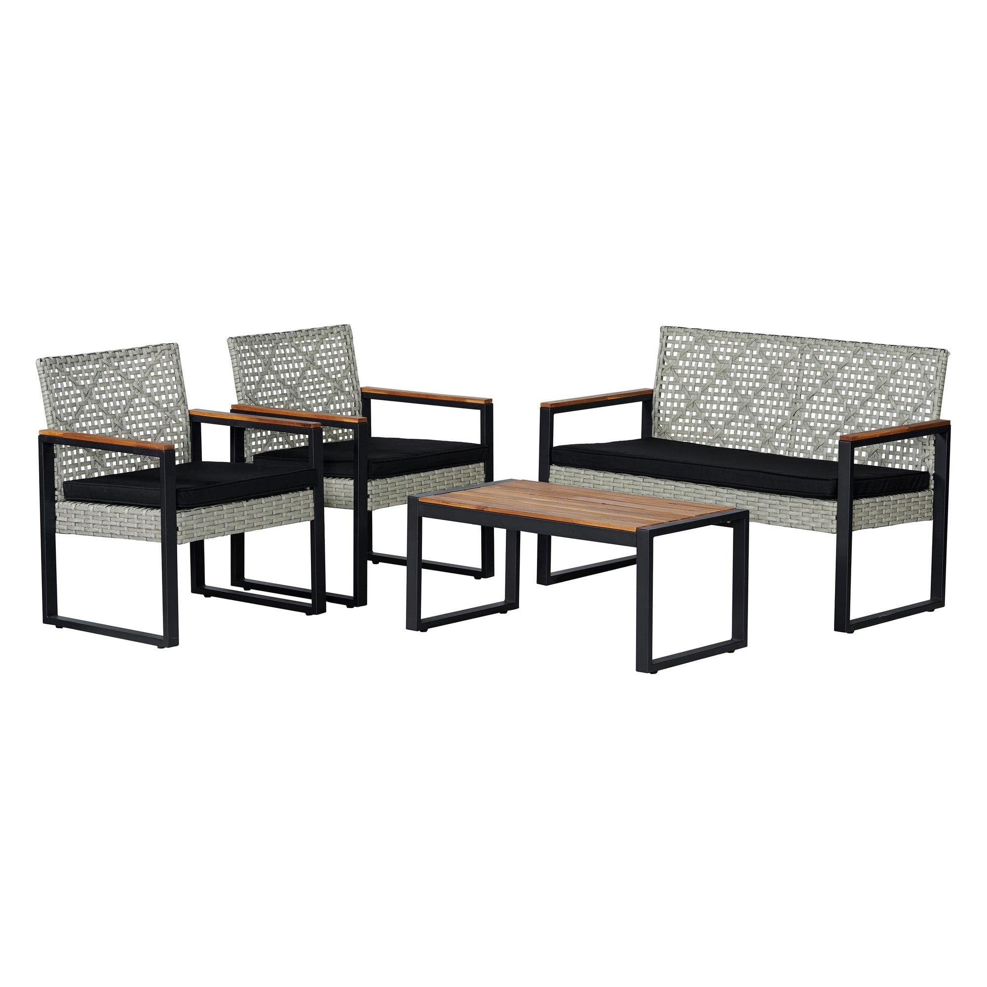 Wilder 4-Piece Modern Coastal Faux Wicker Conversation Outdoor Patio Set - JONATHAN Y