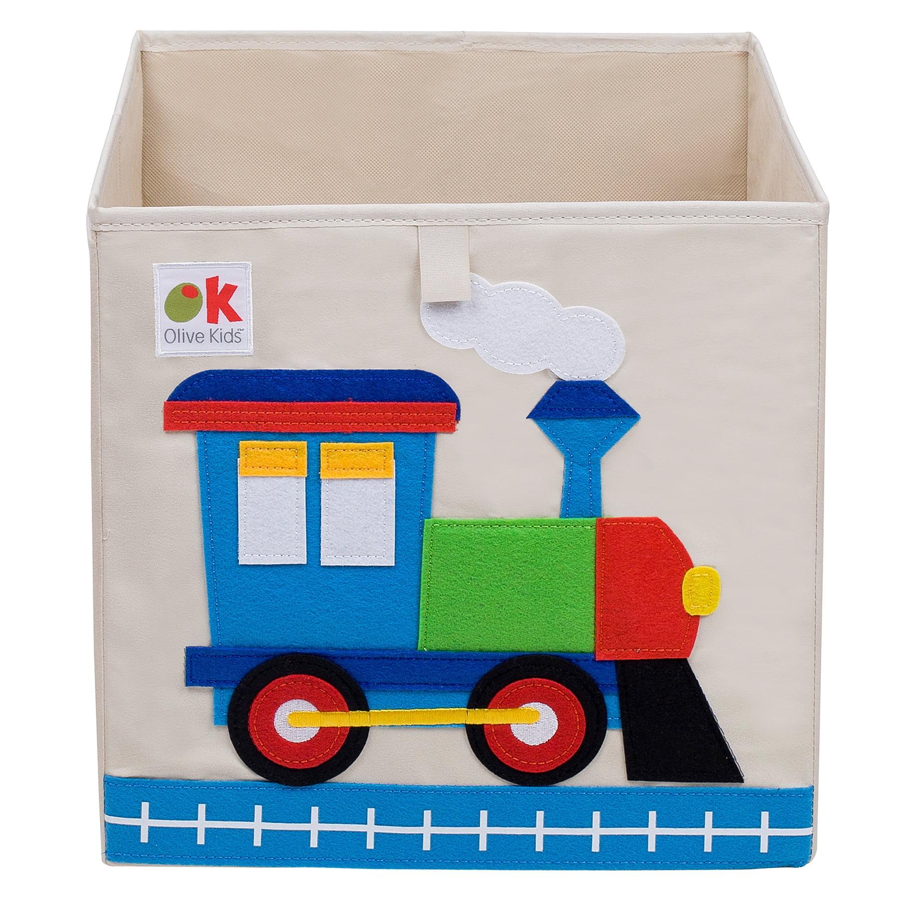 Kids 13 Inch Beige and Blue Fabric Train Storage Cube