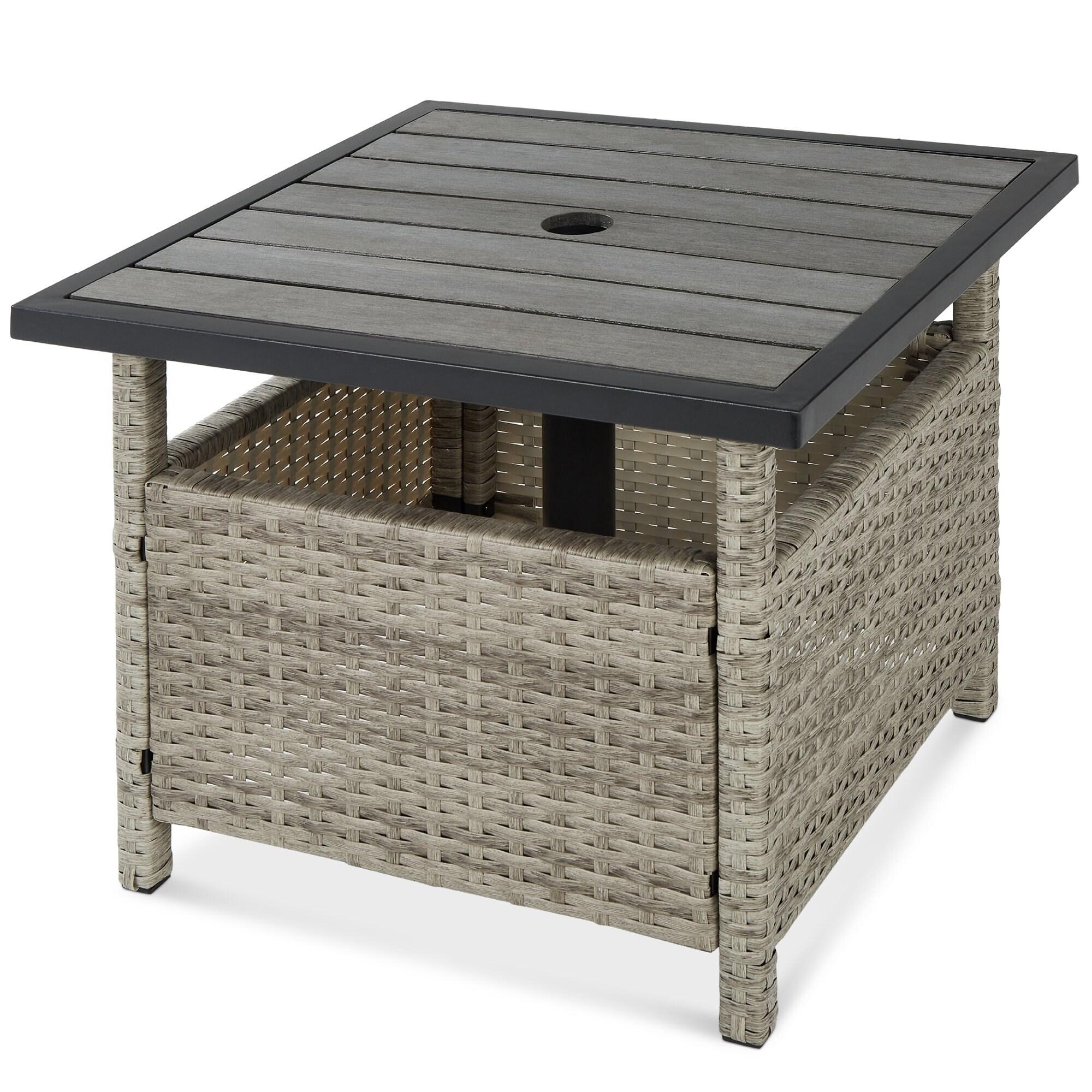 Elegant Grey Rattan Wicker Outdoor Side Table with Umbrella Hole