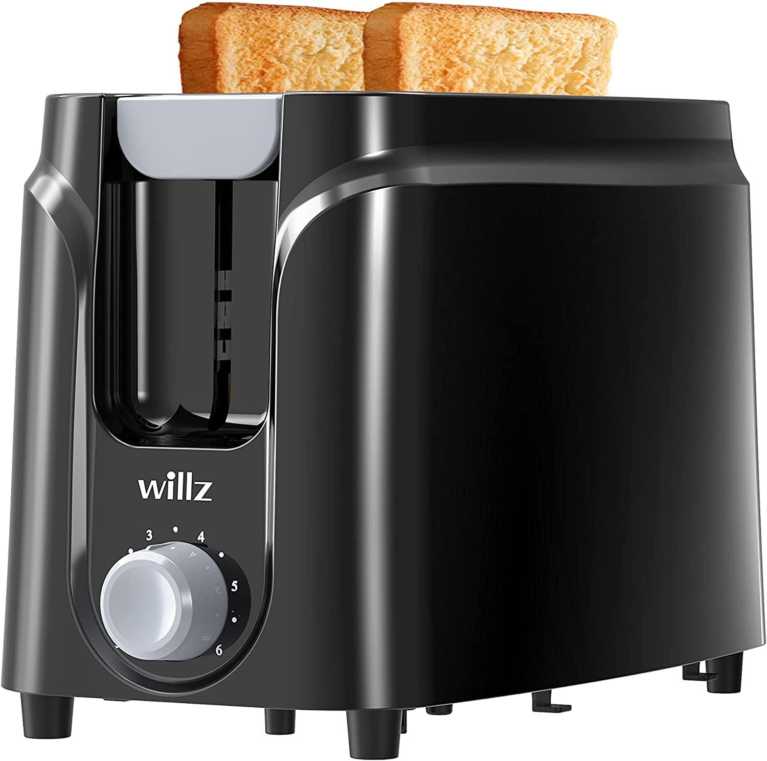 Willz 2-Slice Toaster, Extra Wide Slot with 6 Browning Levels, Small Toaster for Bread, Removable Crumb Tray, Auto Shut-off & Easy Clean, Black