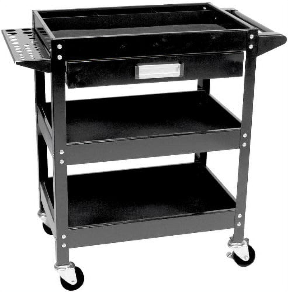 Black Steel 3-Shelf Utility Cart with Drawer and Tool Holder