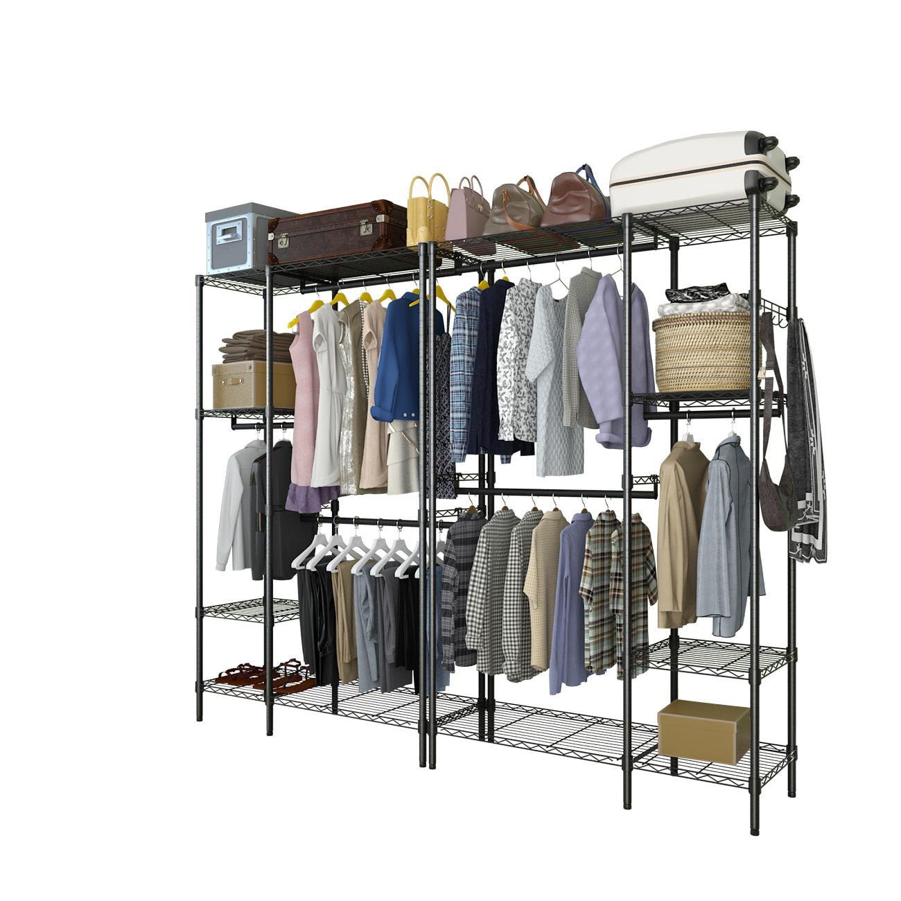 Black Steel Freestanding Closet with Adjustable Shelves and Hanging Rods