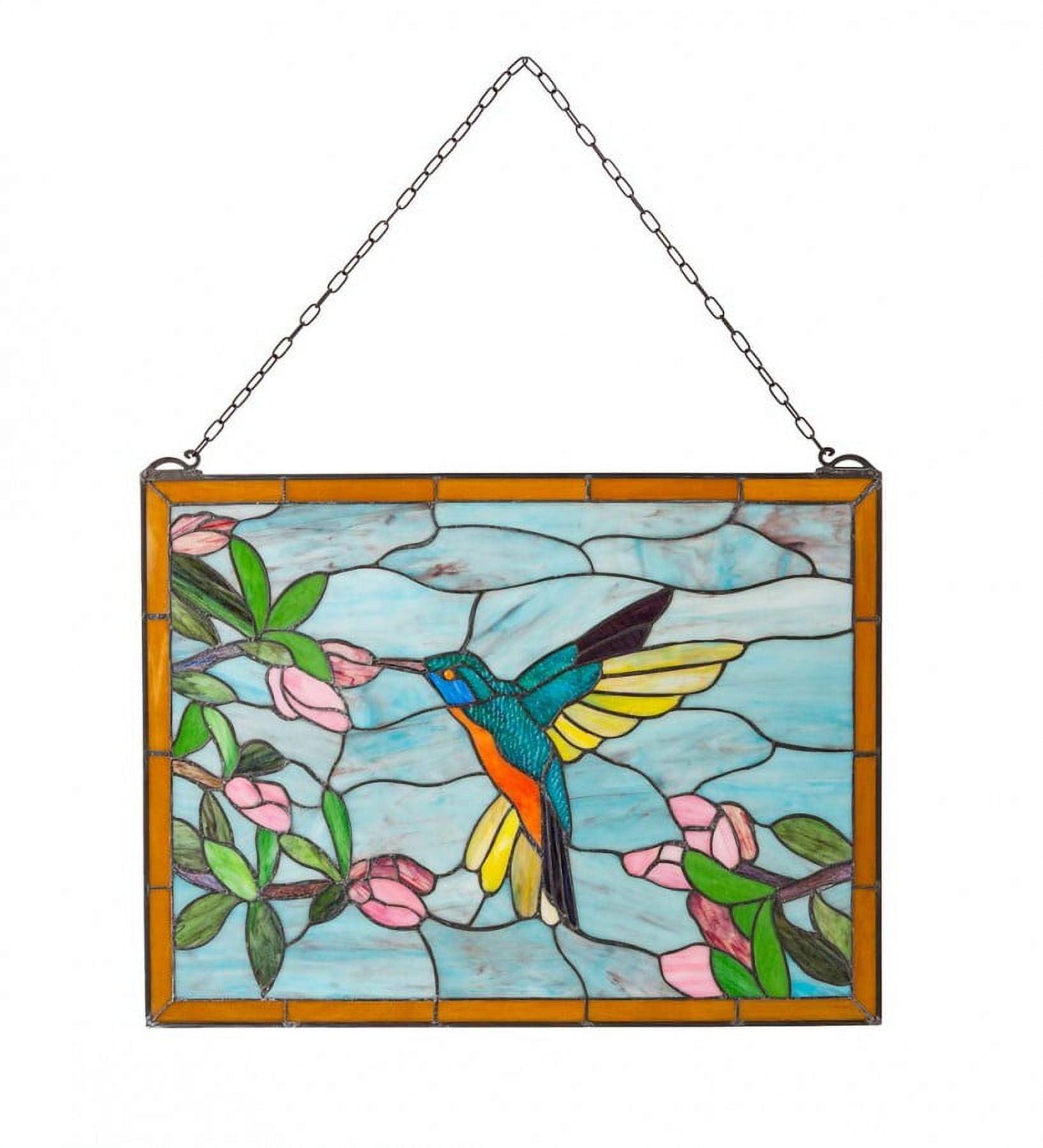 Stained Glass Hummingbird Art Panel with Metal Frame and Chain