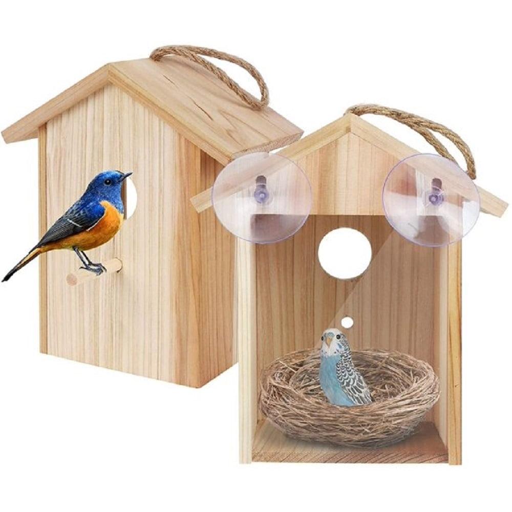 Window Bird House with Strong Suction Cup and Lanyard for Outside - See Through Upgraded Wooden Birdhouse Outdoors,Bird Nest Transparent Design for Easy Observation,Best Gift for Kids