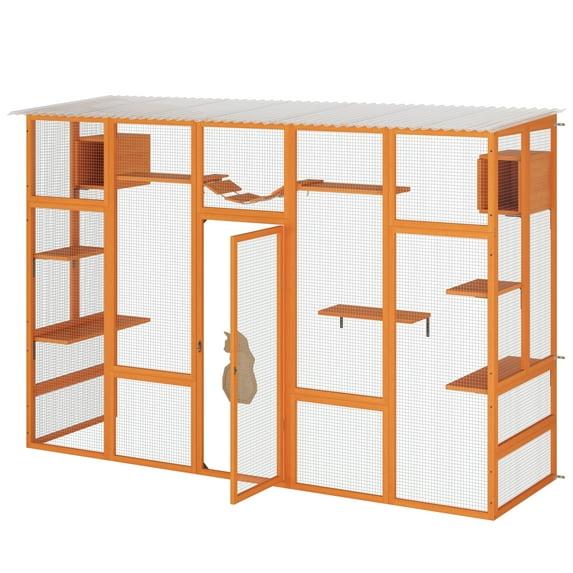 HOSSEJOY Wooden Cat Enclosure with 6 Jumping Platforms, 2 Cat Condos, Cat Bridge and Scratching Board