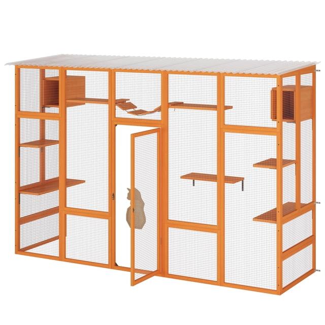 HOSSEJOY Wooden Cat Enclosure with 6 Jumping Platforms, 2 Cat Condos, Cat Bridge and Scratching Board