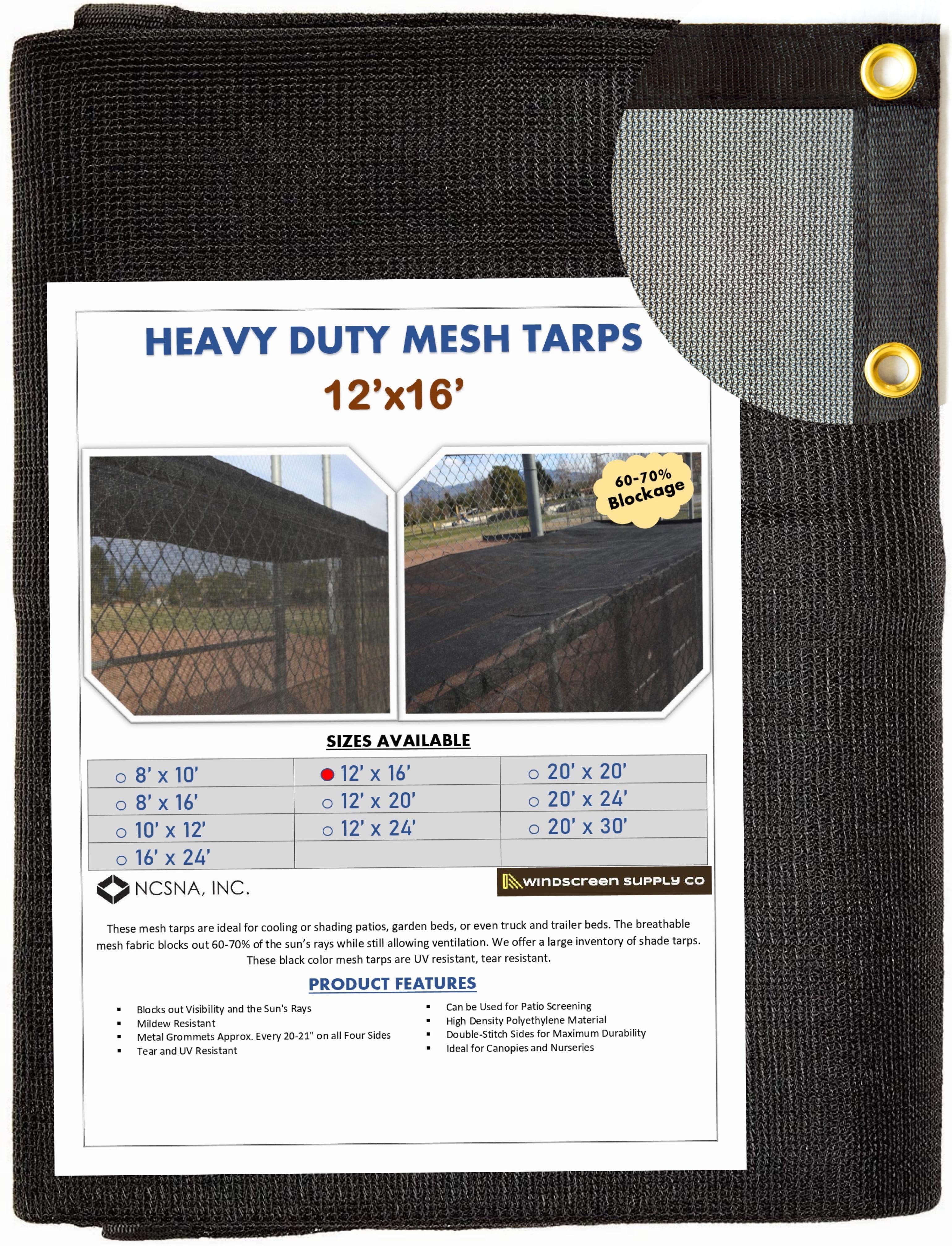 WindscreenSupplyCo Heavy Duty 12' x 16' Black Knitted Mesh Tarp with Grommets 60-70% Shade