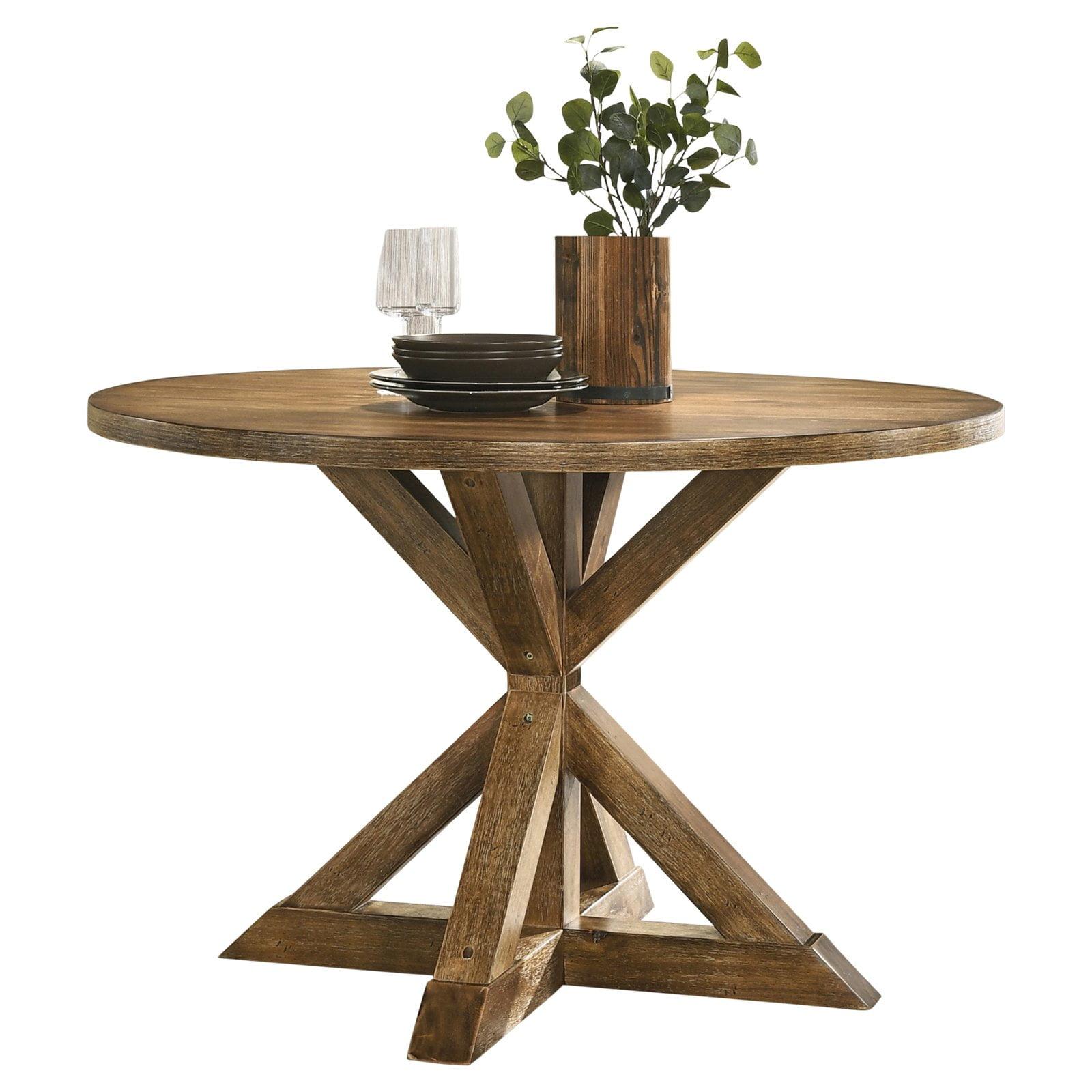 Round Brown Wood Extendable Dining Table with Cross-Buck Base