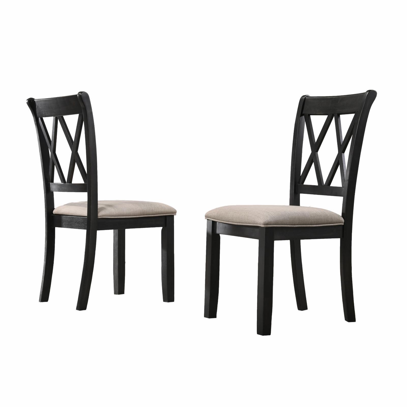 Cross-Back Black Wood and Linen Upholstered Side Chair Set