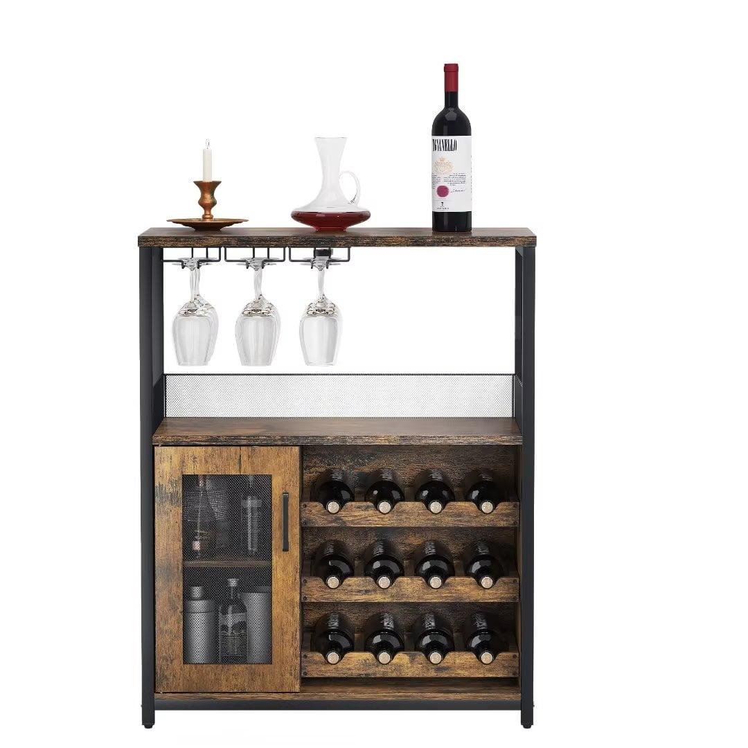 Rustic Brown Iron and Wood Home Bar Cabinet with Glass Holder