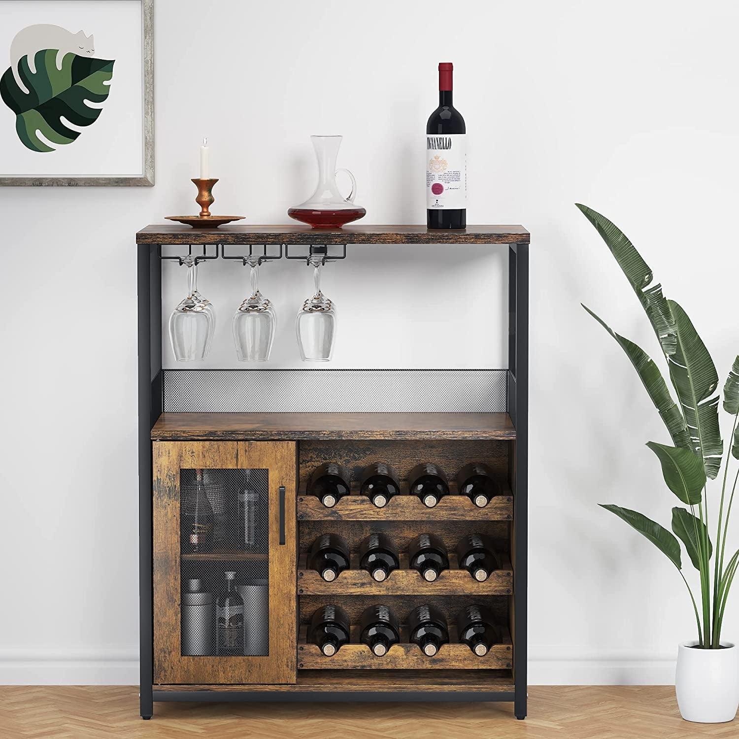 Rustic Brown Metal and MDF Wine Bar Cabinet with Glass Holder