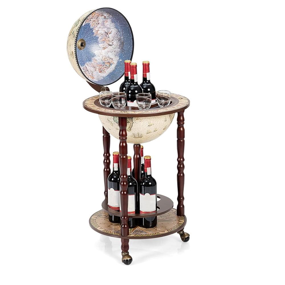 Wine Bar Stand Italian Wooden Globe Wine Rack Liquor Bottle Shelf, Retro Wine Cupboard with Wheels, White