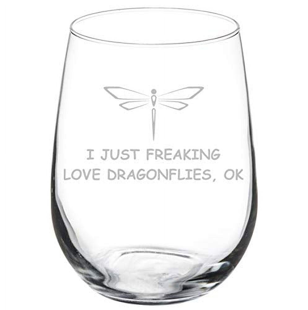 Clear Glass Stemless Wine Goblet with Dragonfly Design