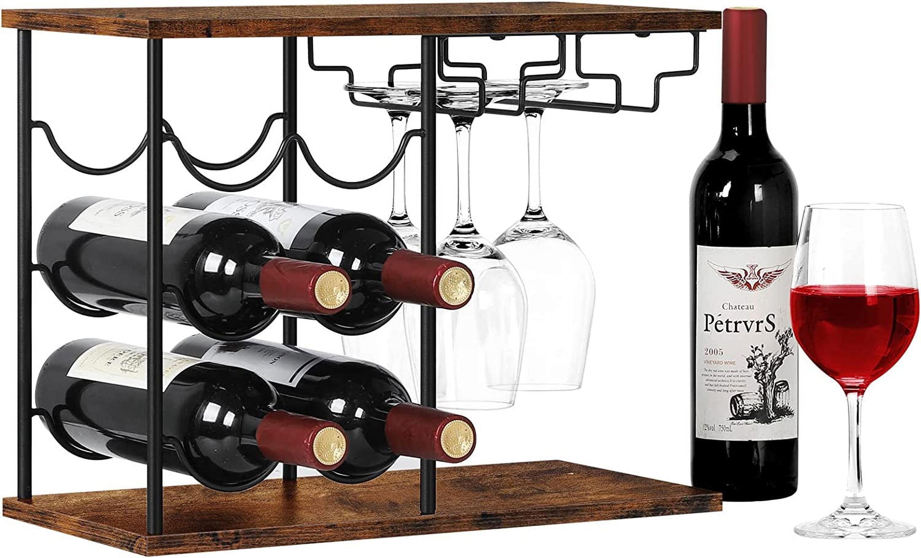 Walnut Brown Wood and Metal 6-Bottle Wine Rack with Glass Holder