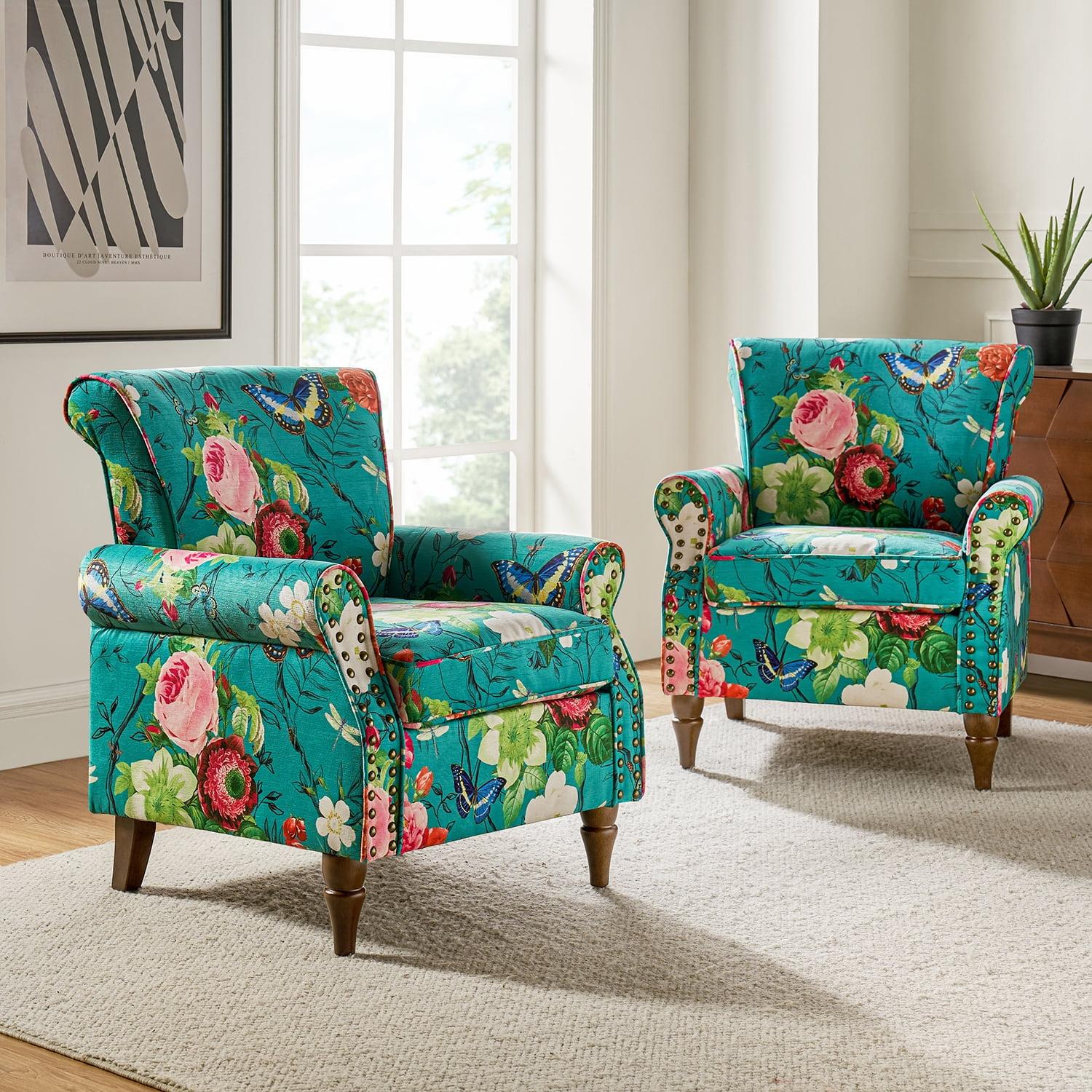 Wingback Armchairs Set of 2 Accent Chairs Flower Upholstered Removable Cushion Sofa Wood Legs Lounge Seat Home Living Room Blue