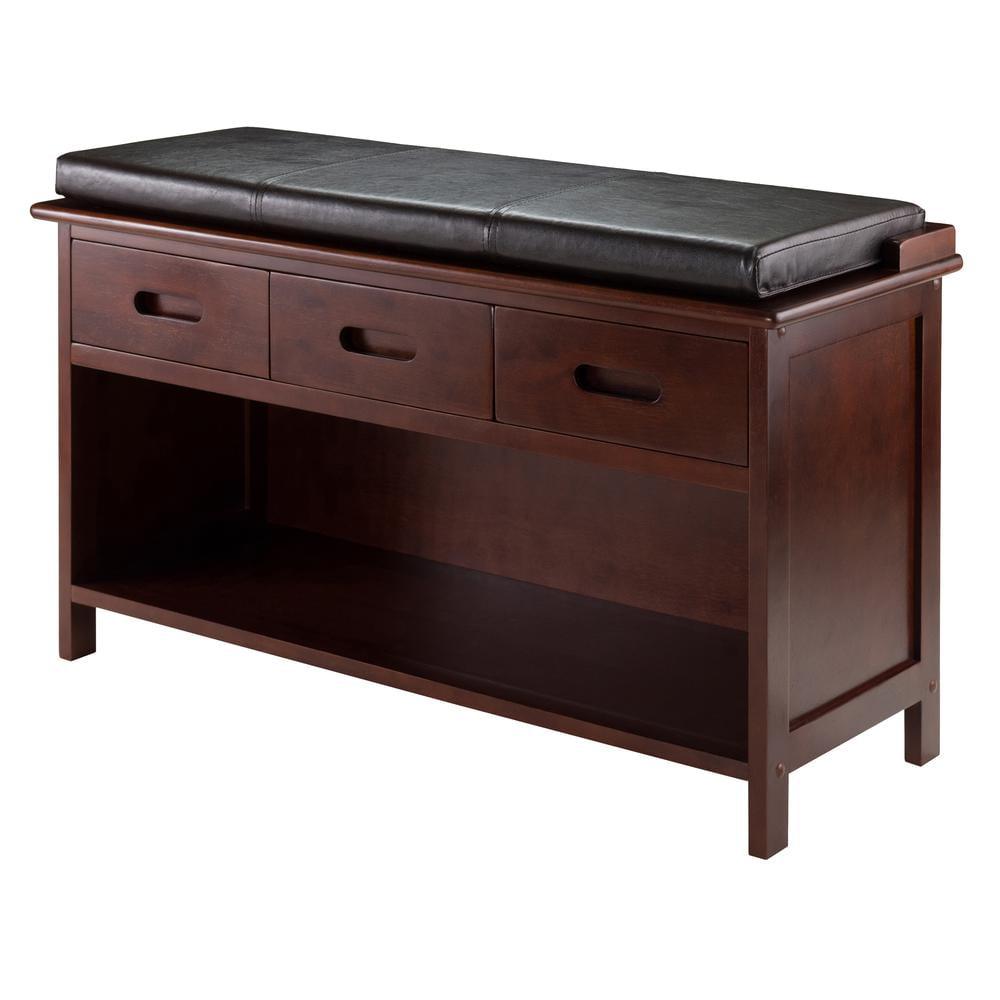 Transitional Walnut Storage Bench with Espresso Faux Leather Cushion