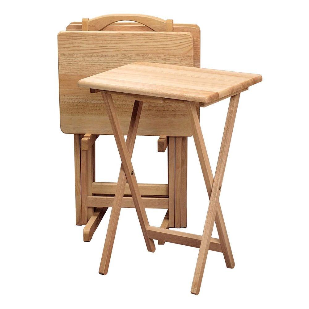 4pc Alex Snack Table Set Natural - Winsome: Wood Construction, Foldable Design, Storage Rack Included