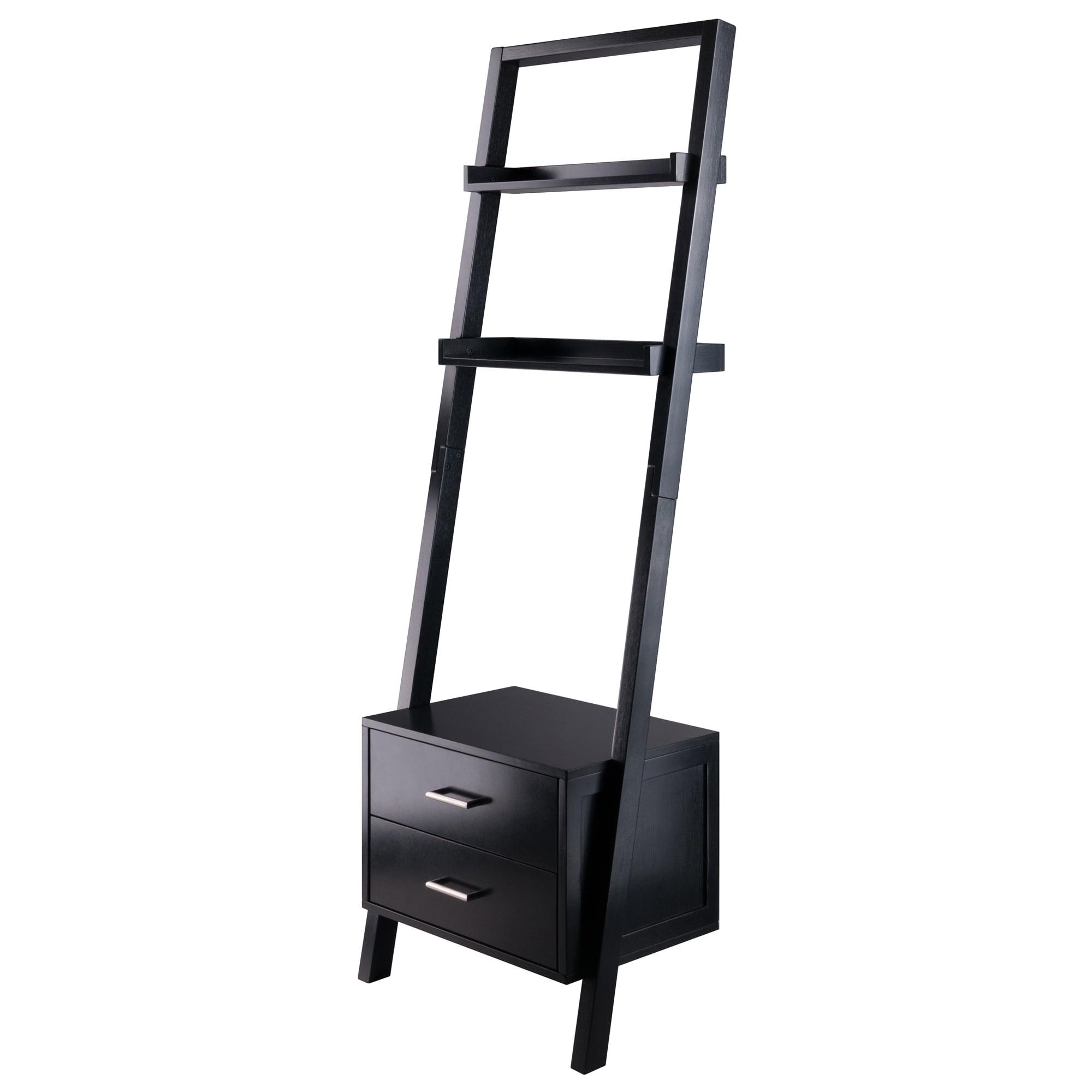 Bellamy Sleek Black Wood Leaning Ladder Bookcase with Storage