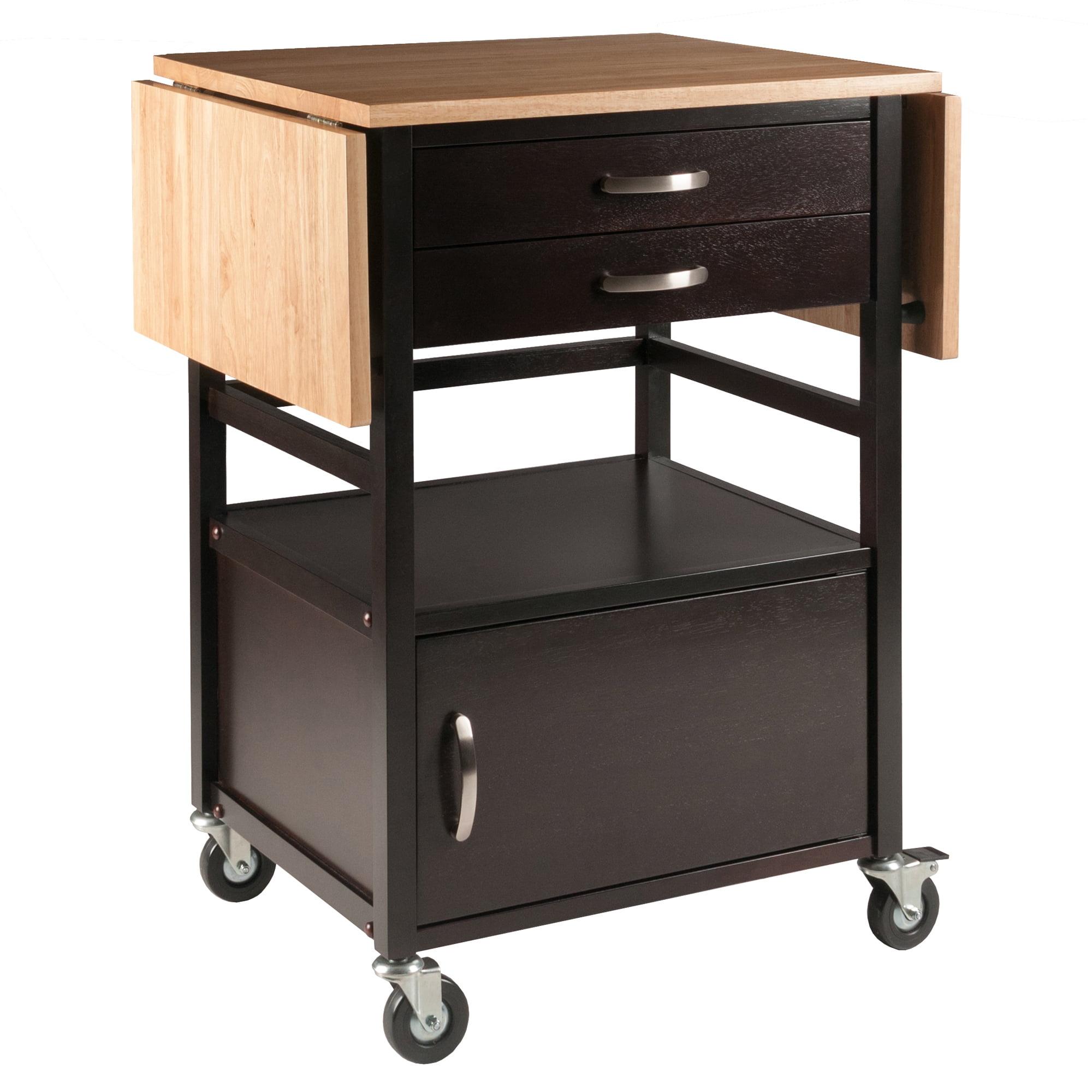 Light Wood and Black Drop Leaf Kitchen Cart with Storage