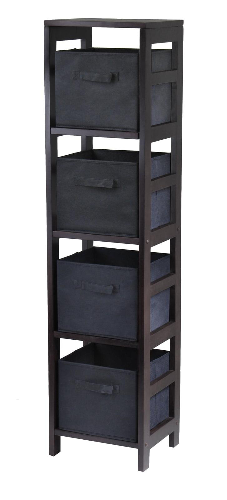 Espresso Wood Narrow Shelf with Black Fabric Baskets