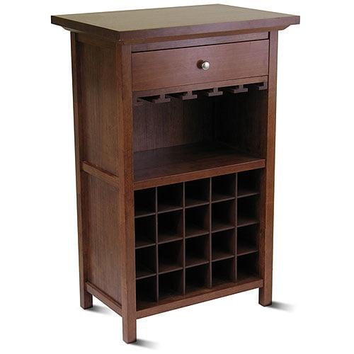 Walnut 27" Transitional Wine Cabinet with Drawer and Glass Storage