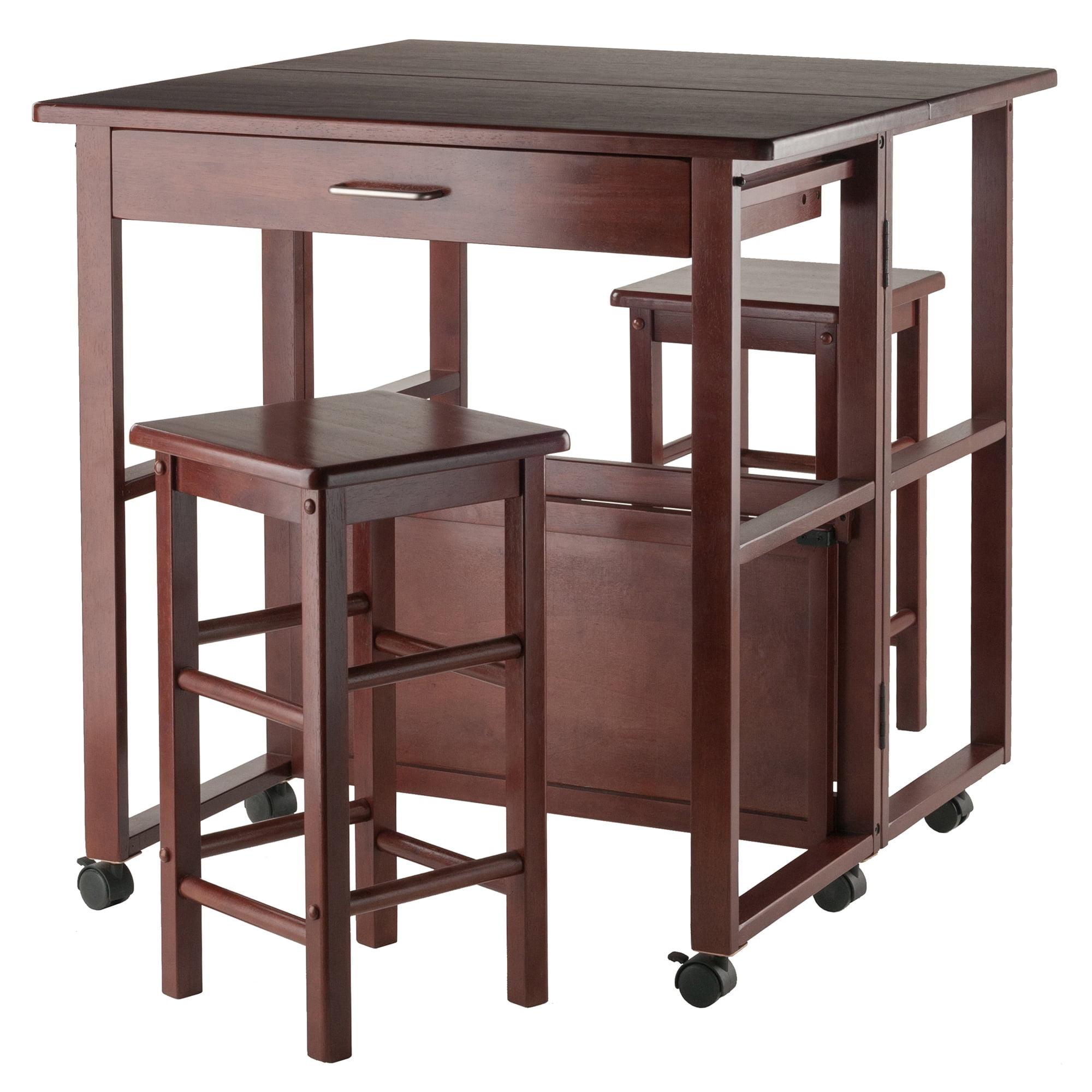 3pc Extendable Dining Table Set Fremont Space Saver Walnut - Winsome: Hardwood Construction, 2 Hideaway Stools