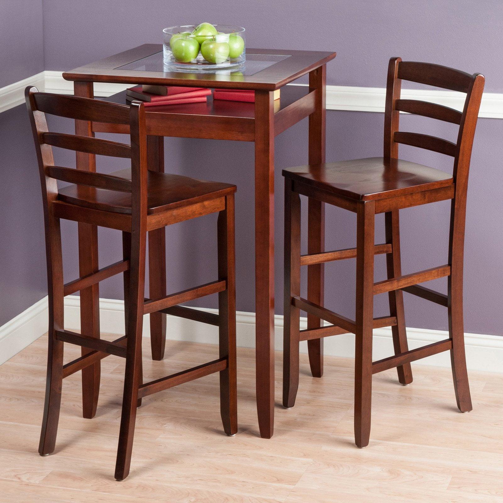 Walnut Transitional Pub Table with Glass Inset and 2 Chairs