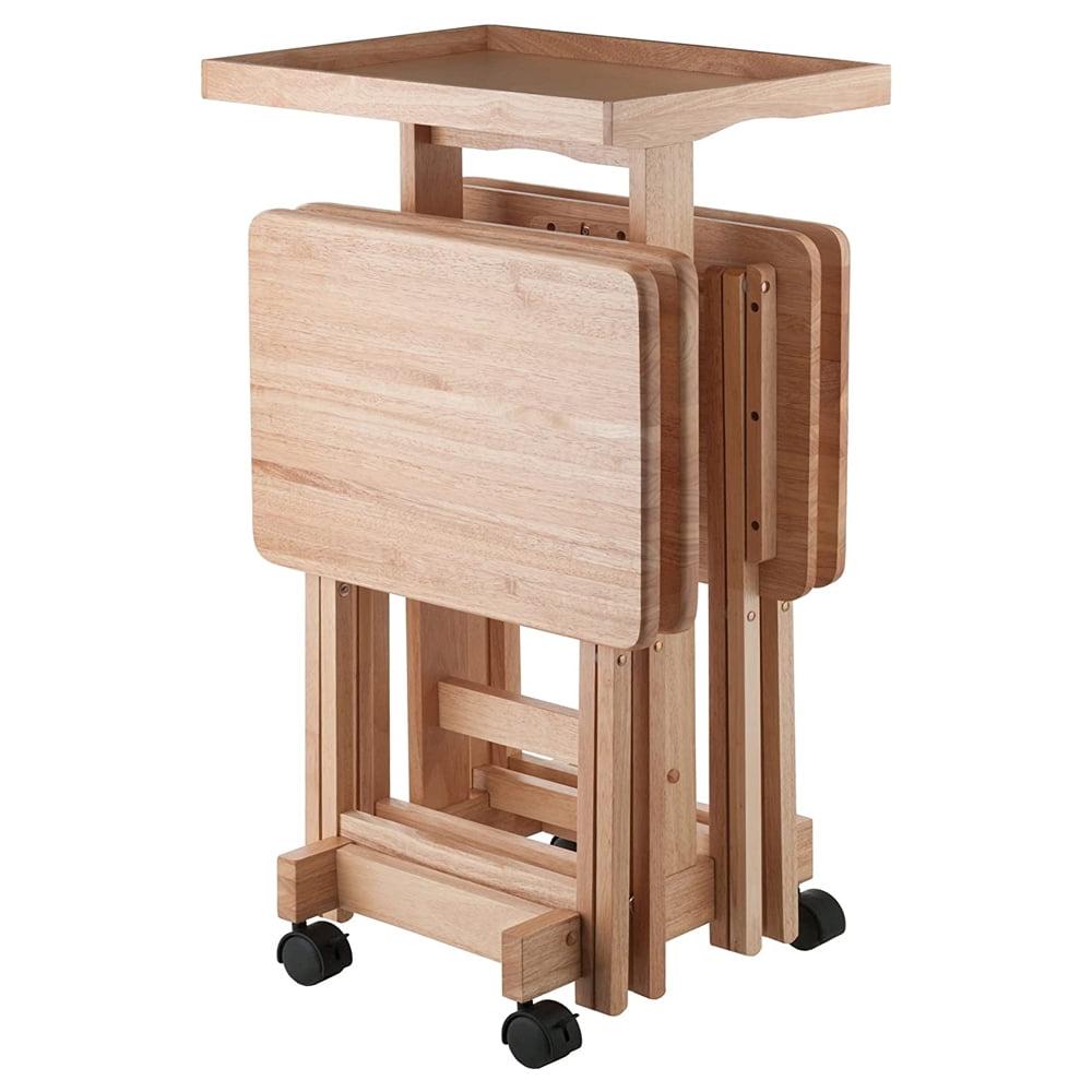 Natural Solid Wood 6-Piece Snack Table Set with Rolling Stand