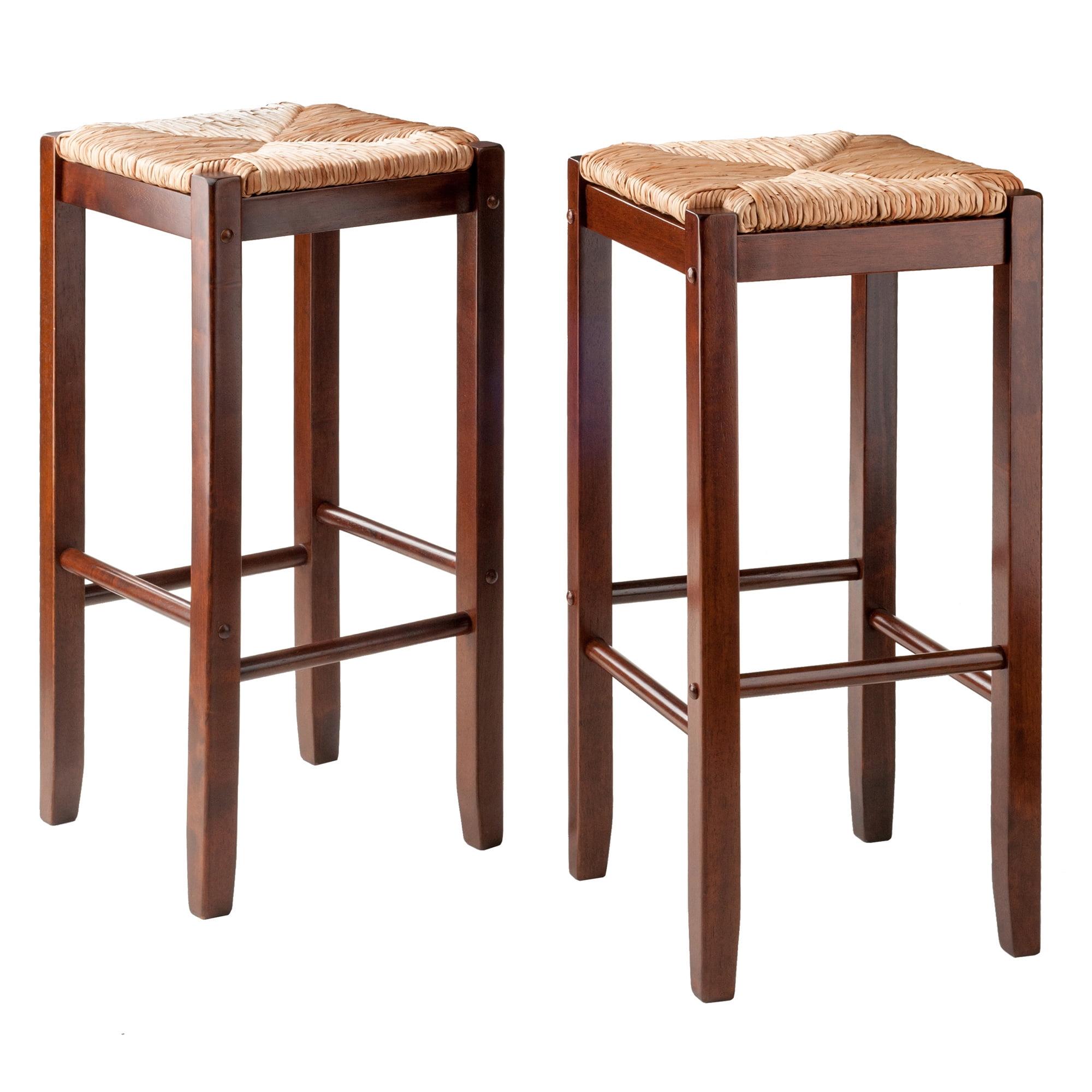 2pc Kaden Set Barstool Rush Seat Walnut - Winsome: Woven Square, Wooden Frame, Fixed Height