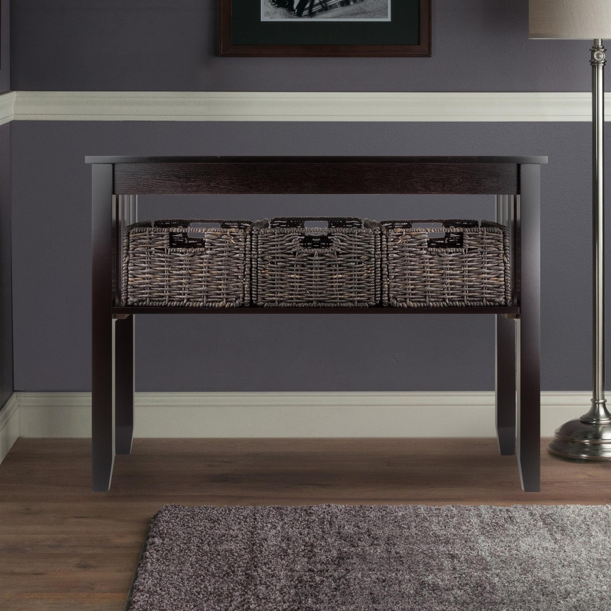 Transitional Espresso Brown Rectangular Console Table with Glass Top & Storage Baskets