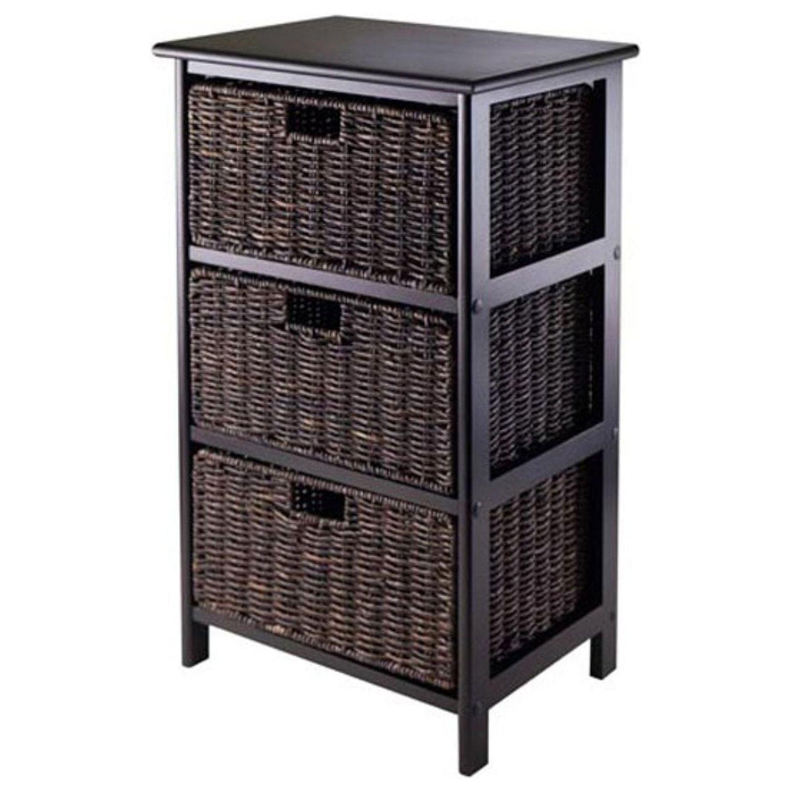 Black Wood Storage Rack with 3 Wicker Baskets