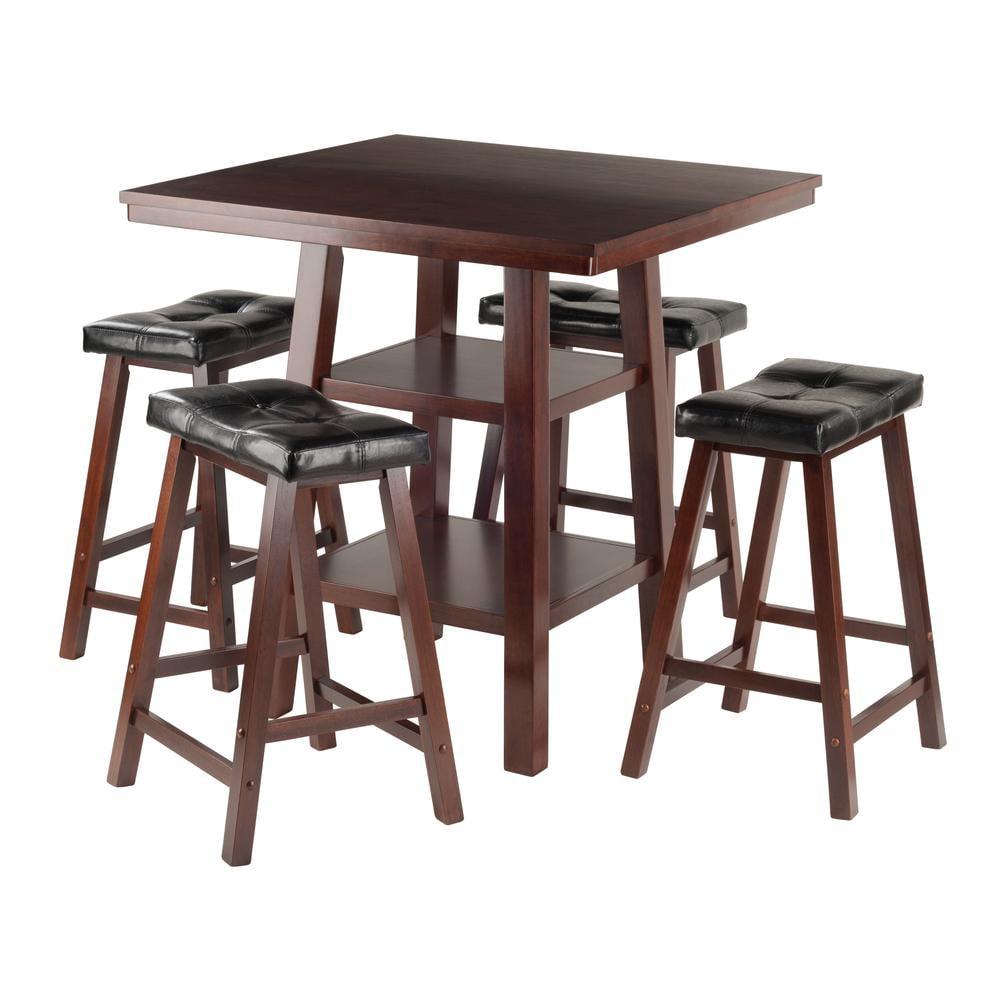 Walnut Square High Table & 4 Cushioned Stools Set with Storage Shelves