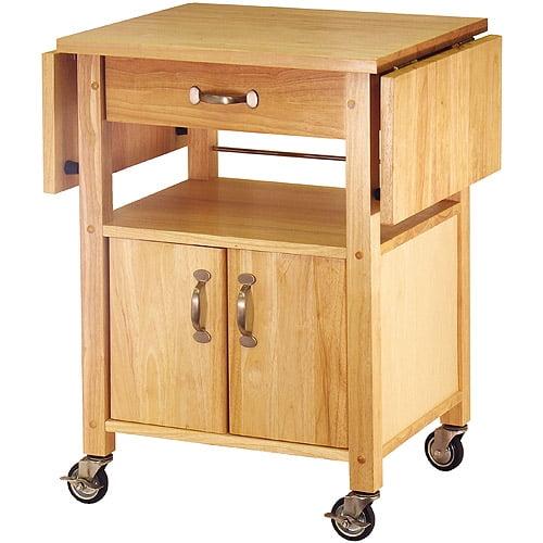 Transitional Brown Wood Drop-Leaf Kitchen Cart with Storage