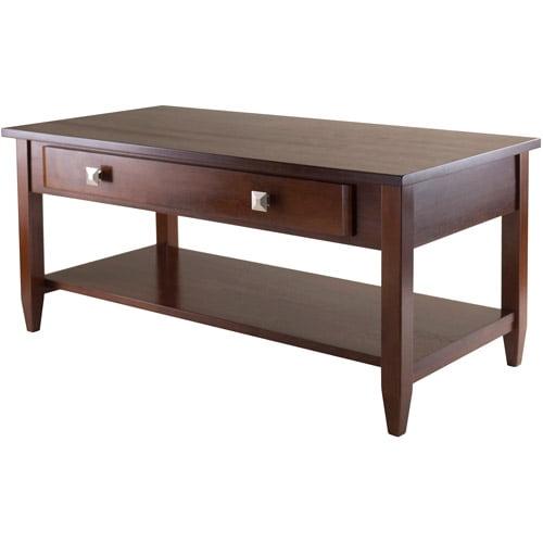 Richmond Coffee Table with Tapered Leg Walnut Finish - Winsome: Storage Shelf, Modern Brushed-Chrome Knobs