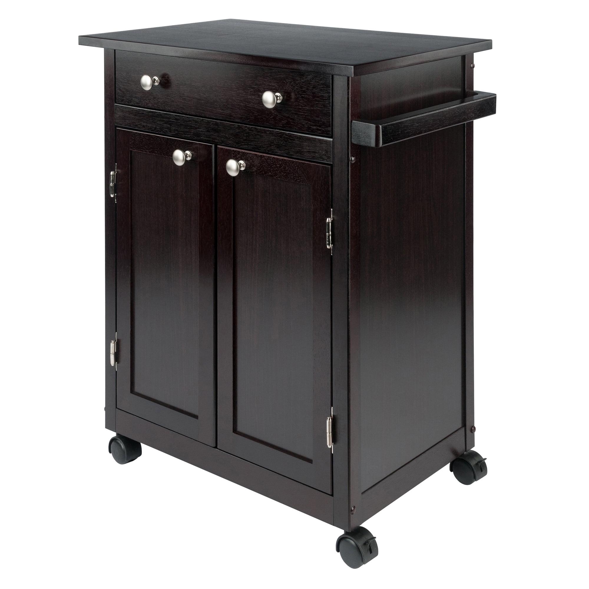 Transitional Espresso Wood Kitchen Cart with Storage and Towel Bar
