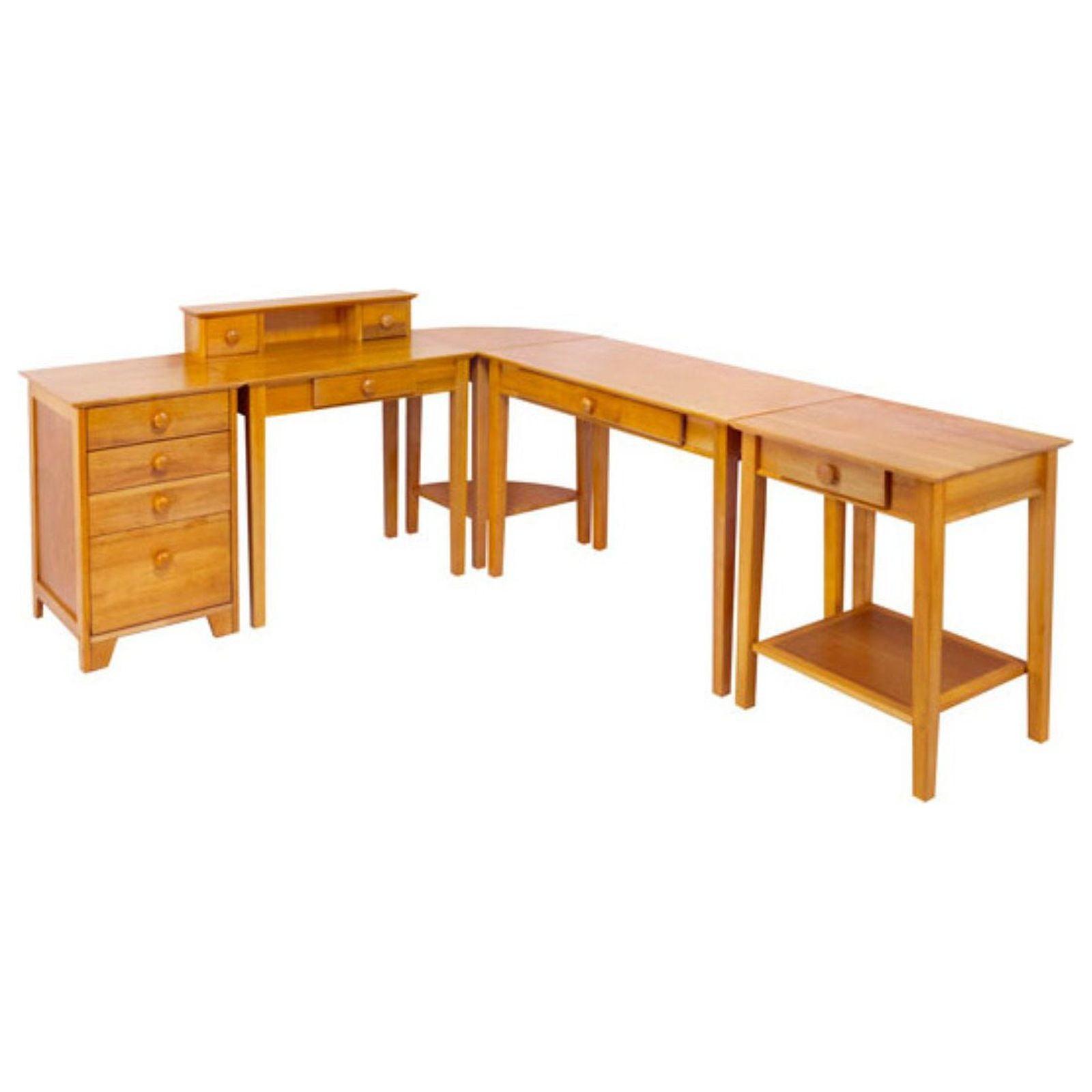 Transitional Honey Pine Wood Home Office Desk Set with Hutch and Storage