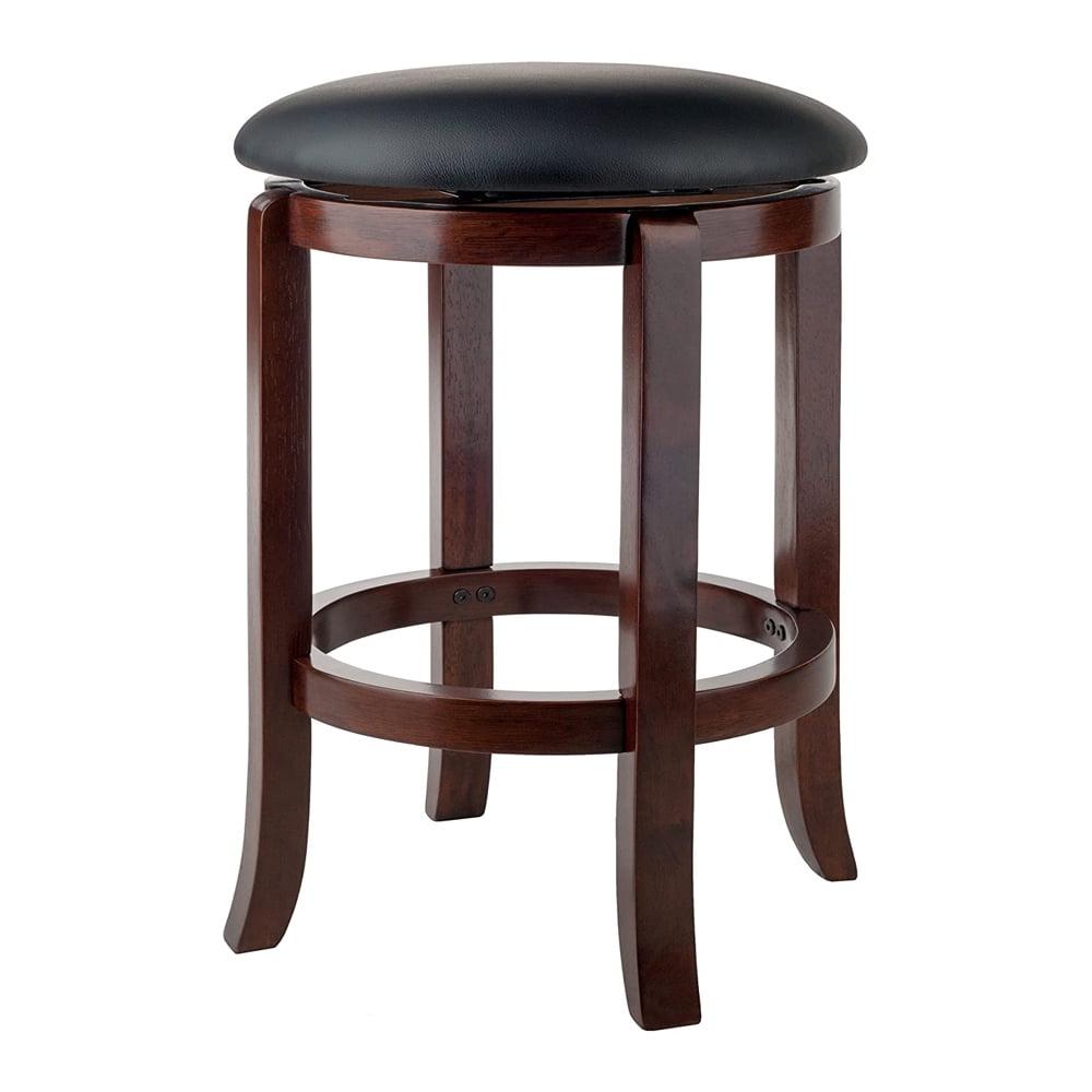 Winsome Walcott 24" Transitional Black Leather and Walnut Wood Swivel Barstool