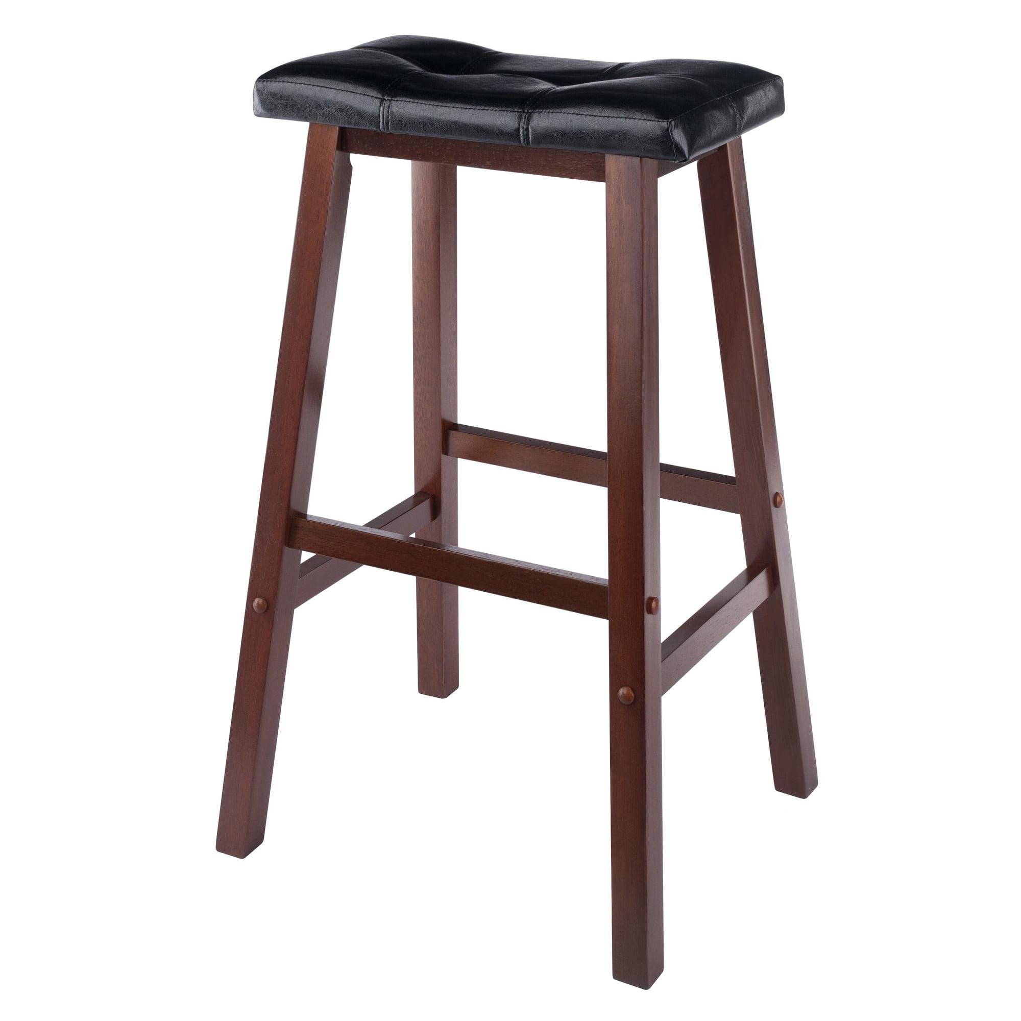 Black Faux Leather and Wood Saddle Bar Stool