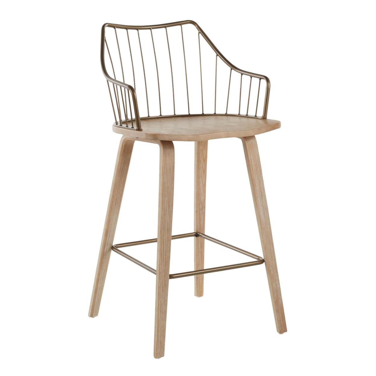 Beige Transitional Wood and Metal Swivel Counter Stool