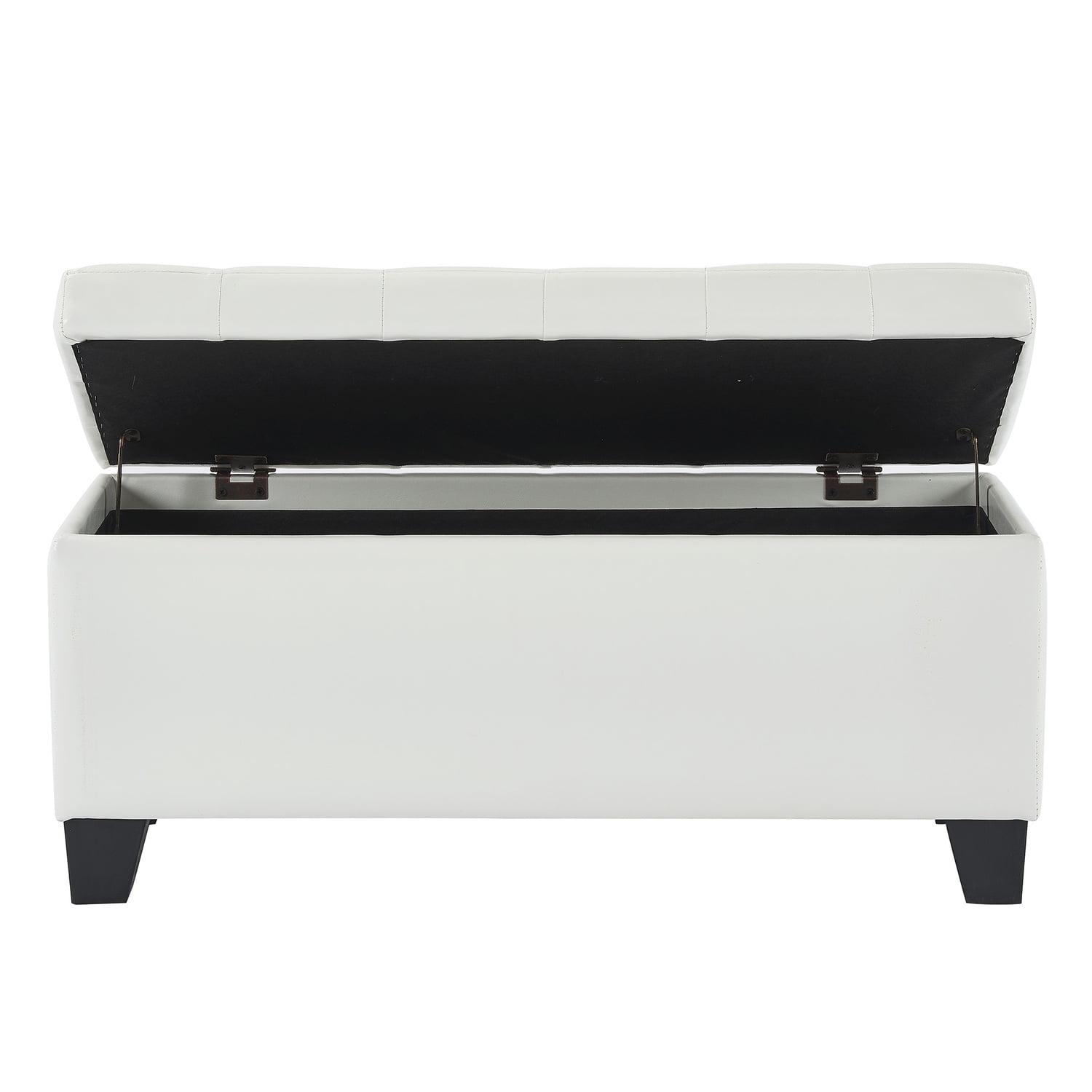 White Faux Leather Tufted Storage Ottoman with Hinged Lid