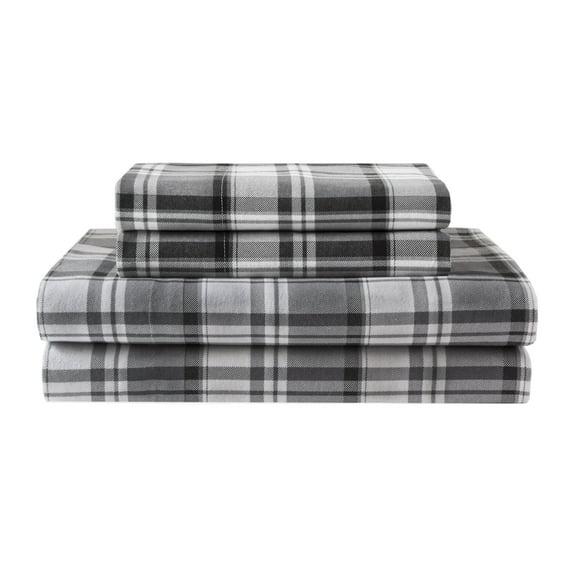 Winter Nights Cotton Flannel Bed Sheet Set, Full, Gray Plaid